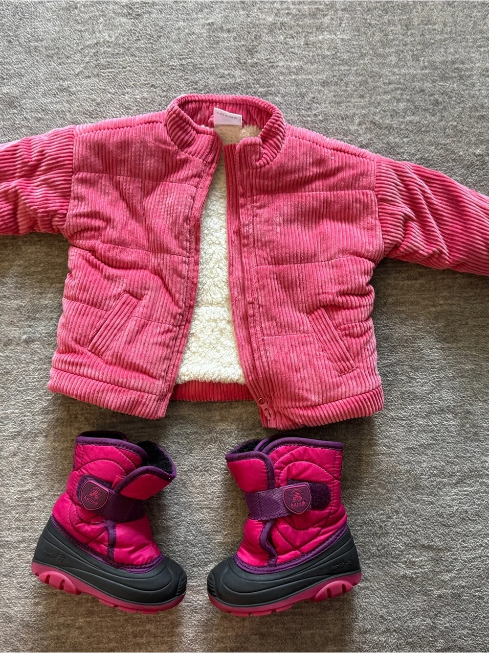 Kids Pink Corduroy Jacket & Snow Boots Set